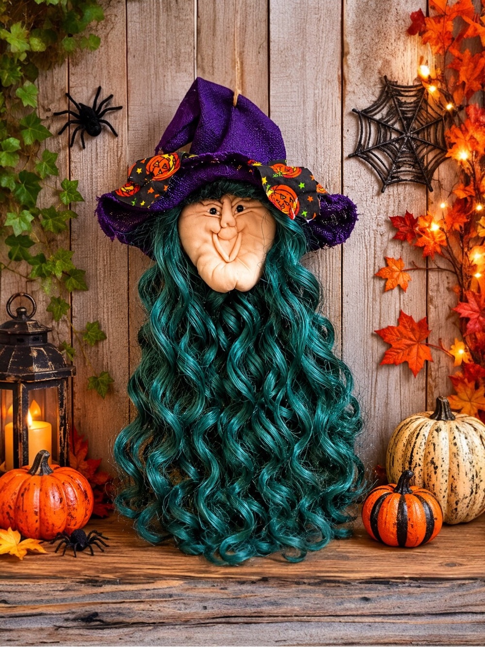 Vintage Halloween Witch Head Wall Hanging Decor Green Curly Hair Nylon Face 30”